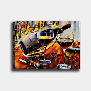 Lerretsbilde 70x100 cm - To vinglass med rødvin og en flaske vin, omgitt av musikalske elementer - Rød / Gul / Blå - Interiør - Maleri & posters - Lerretsbilder