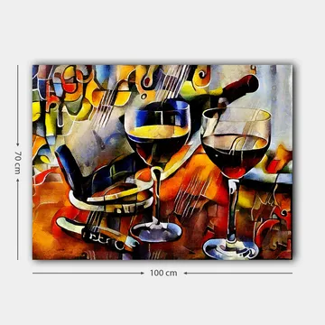Lerretsbilde 70x100 cm - To vinglass med rødvin og en flaske vin, omgitt av musikalske elementer - Rød / Gul / Blå - Interiør - Maleri & posters - Lerretsbilder