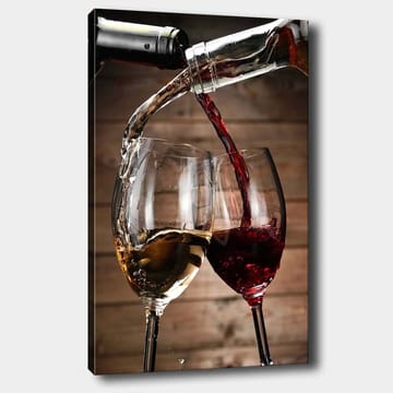 Lerretsbilde 70x100 cm - To vinglass som skåler med hvitvin og rødvin som helles i dem - Gull / Rød - Interiør - Maleri & posters - Lerretsbilder