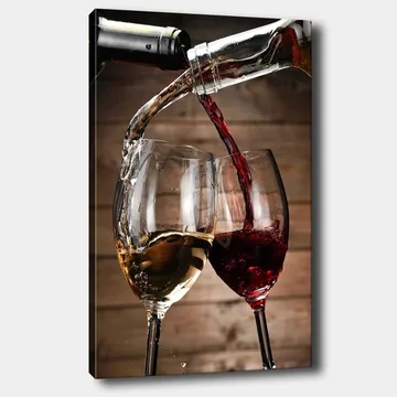 Lerretsbilde 70x100 cm - To vinglass som skåler med hvitvin og rødvin som helles i dem - Gull / Rød - Interiør - Maleri & posters - Lerretsbilder