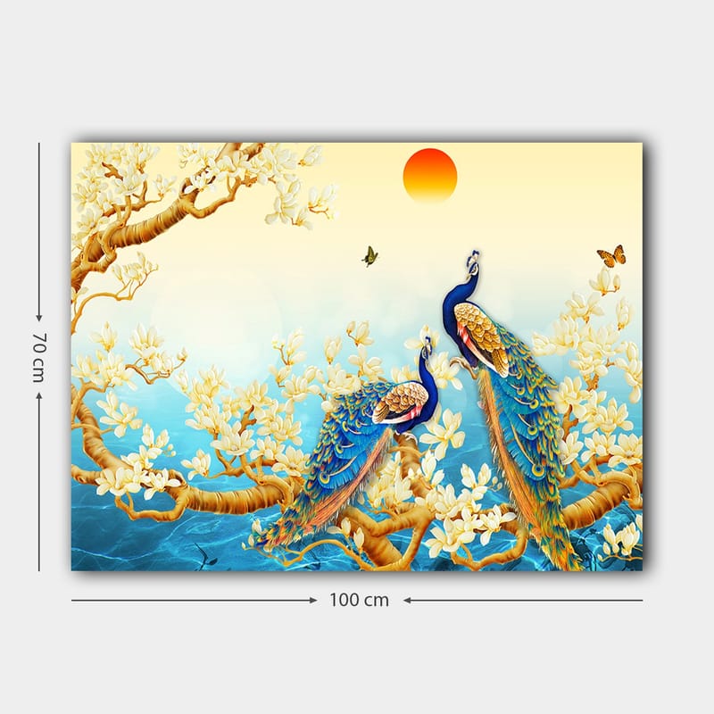 Lerretsbilde 70x100 cm - To påfugler som står på en gren omgitt av blomster og vann - Blå / Gull / Hvit - Interiør - Maleri & posters - Lerretsbilder
