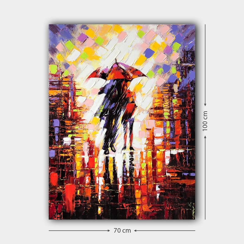 Lerretsbilde 70x100 cm - To personer med paraply som står i et regnfullt bymiljø - Rød / Svart / Oransje - Interiør - Maleri & posters - Lerretsbilder
