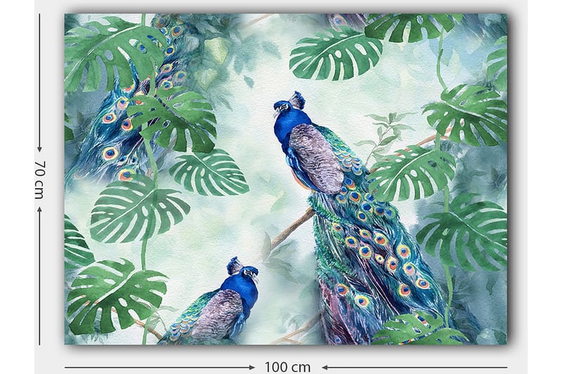 Lerretsbilde 70x100 cm - To påfugler som sitter blant grønne planter i et levende og fargerikt miljø - Blå / Grønn / Turkis - Interiør - Maleri & posters - Lerretsbilder