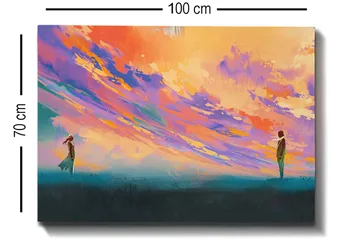 Lerretsbilde 70x100 cm - To personer som står på et åpent område under en fargerik himmel - Lilla / Oransje / Turkis - Interiør - Maleri & posters - Lerretsbilder