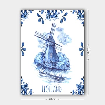 Lerretsbilde 70x100 cm - Tradisjonell nederlandsk vindmølle omgitt av blå blomster og skyer - Blå / Hvit - Interiør - Maleri & posters - Lerretsbilder