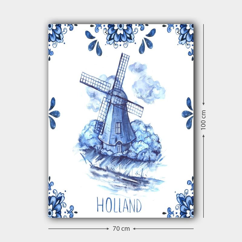Lerretsbilde 70x100 cm - Tradisjonell nederlandsk vindmølle omgitt av blå blomster og skyer - Blå / Hvit - Interiør - Maleri & posters - Lerretsbilder