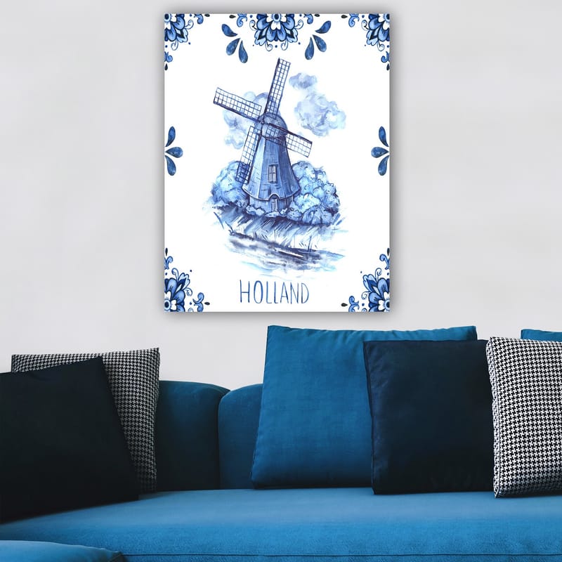 Lerretsbilde 70x100 cm - Tradisjonell nederlandsk vindmølle omgitt av blå blomster og skyer - Blå / Hvit - Interiør - Maleri & posters - Lerretsbilder