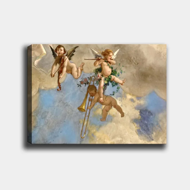 Lerretsbilde 70x100 cm - Tre engler spiller musikk i en drømmeaktig himmel, Blå / Beige / Rosa