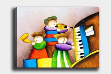 Lerretsbilde 70x100 cm - Tre glade barn som spiller musikk med forskjellige instrumenter - Grønn / Rød / Blå - Interiør - Maleri & posters - Lerretsbilder