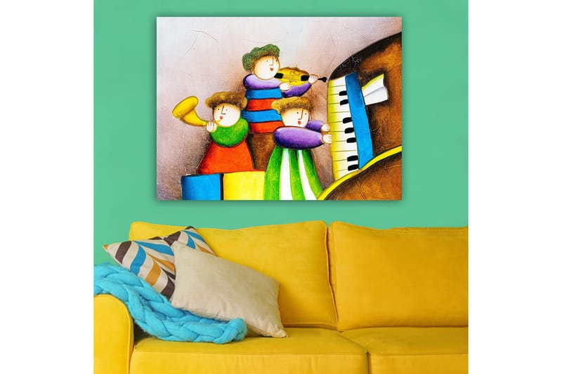 Lerretsbilde 70x100 cm - Tre glade barn som spiller musikk med forskjellige instrumenter - Grønn / Rød / Blå - Interiør - Maleri & posters - Lerretsbilder
