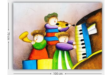 Lerretsbilde 70x100 cm - Tre glade barn som spiller musikk med forskjellige instrumenter - Grønn / Rød / Blå - Interiør - Maleri & posters - Lerretsbilder