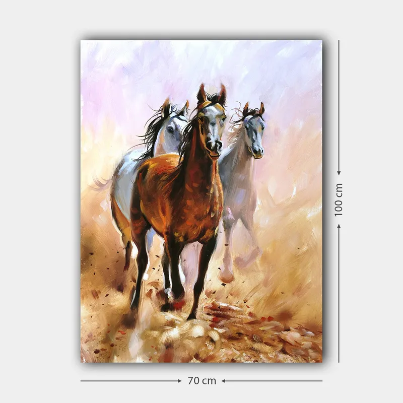 Lerretsbilde 70x100 cm - Tre hester galopperer fremover i en dynamisk bevegelse - Brun / Hvit / Beige - Interiør - Maleri & posters - Lerretsbilder