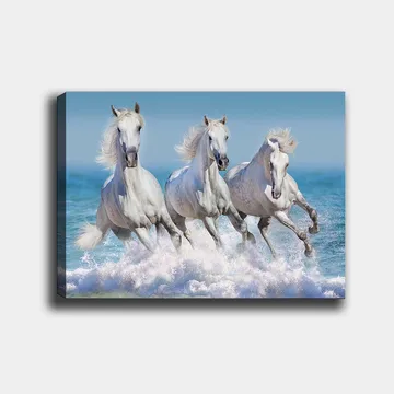 Lerretsbilde 70x100 cm - Tre hvite hester galopperer gjennom bølgene ved havet - Hvit / Lys blå / Turkis - Interiør - Maleri & posters - Lerretsbilder