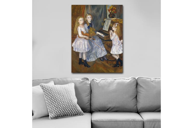 Lerretsbilde 70x100 cm - Tre jenter som spiller musikk ved et piano - Lys blå / Hvit / Svart - Interiør - Maleri & posters - Lerretsbilder