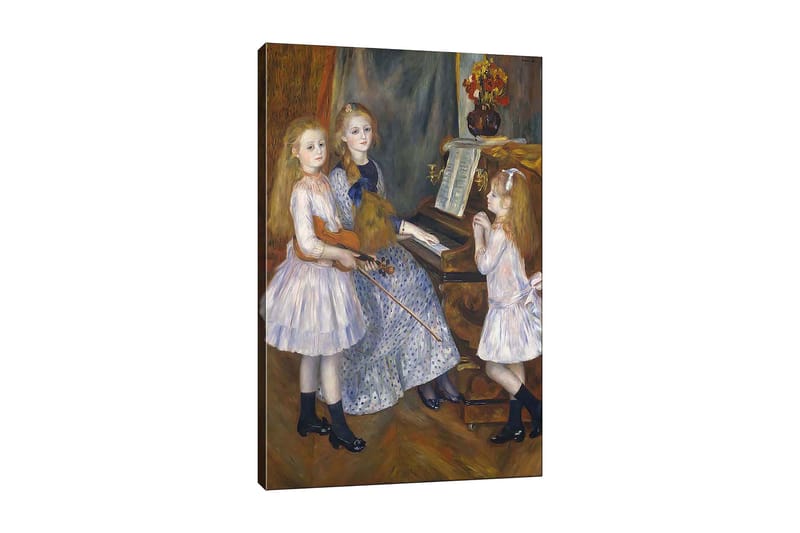 Lerretsbilde 70x100 cm - Tre jenter som spiller musikk ved et piano, Lys blå / Hvit / Svart