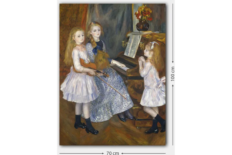 Lerretsbilde 70x100 cm - Tre jenter som spiller musikk ved et piano - Lys blå / Hvit / Svart - Interiør - Maleri & posters - Lerretsbilder