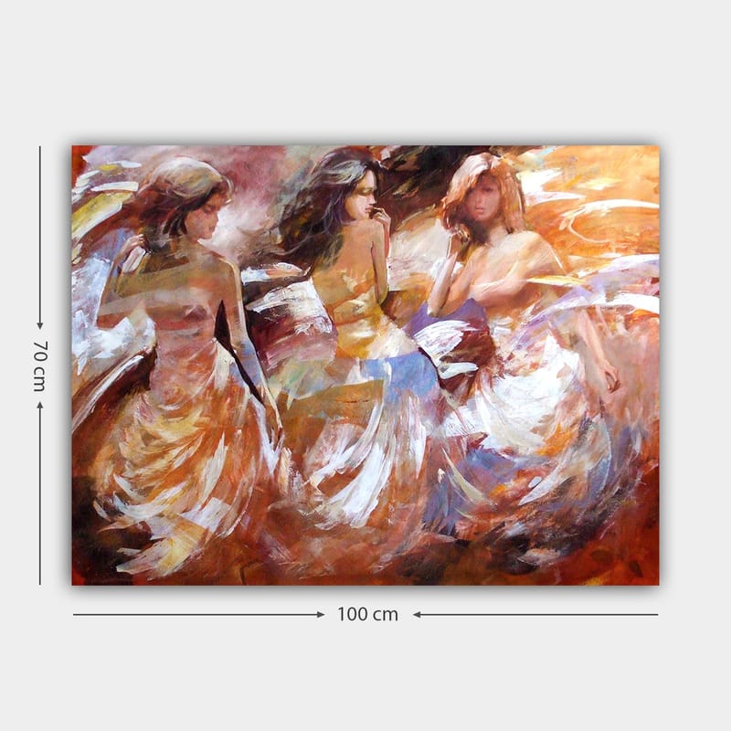 Lerretsbilde 70x100 cm - Tre kvinner i flagrende kjoler som danser, fanget i en dynamisk bevegelse - Oransje / Hvit / Beige - Interiør - Maleri & posters - Lerretsbilder