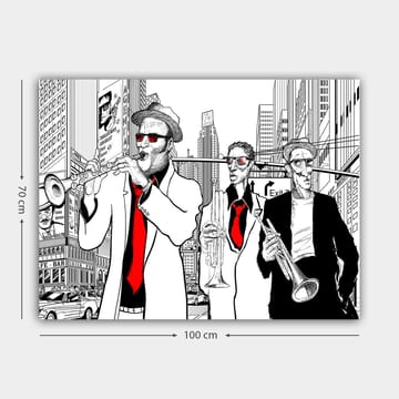 Lerretsbilde 70x100 cm - Tre musikere i kostymer som spiller instrumenter i en travel bygate - Rød / Svart / Hvit - Interiør - Maleri & posters - Lerretsbilder