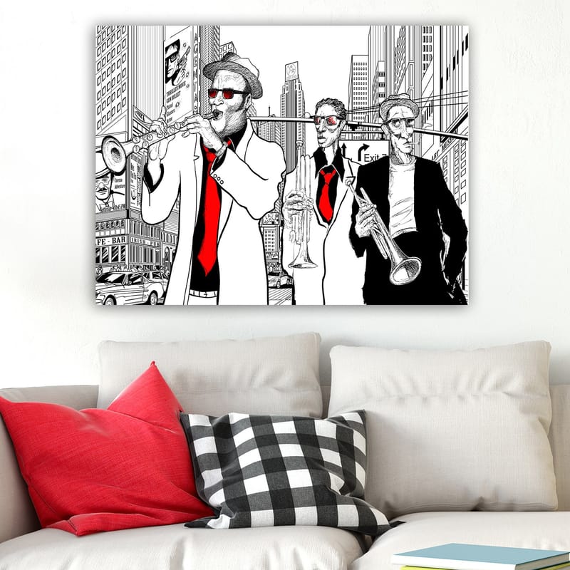 Lerretsbilde 70x100 cm - Tre musikere i kostymer som spiller instrumenter i en travel bygate - Rød / Svart / Hvit - Interiør - Maleri & posters - Lerretsbilder