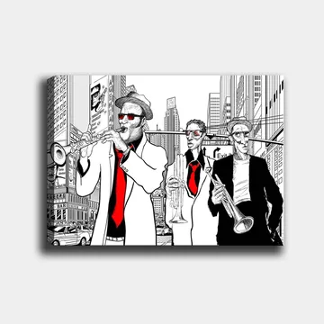 Lerretsbilde 70x100 cm - Tre musikere i kostymer som spiller instrumenter i en travel bygate - Rød / Svart / Hvit - Interiør - Maleri & posters - Lerretsbilder