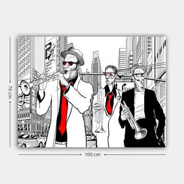 Lerretsbilde 70x100 cm - Tre musikere i kostymer som spiller instrumenter i en travel bygate - Rød / Svart / Hvit - Interiør - Maleri & posters - Lerretsbilder
