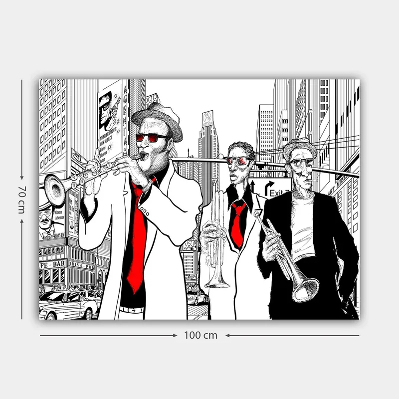 Lerretsbilde 70x100 cm - Tre musikere i kostymer som spiller instrumenter i en travel bygate - Rød / Svart / Hvit - Interiør - Maleri & posters - Lerretsbilder