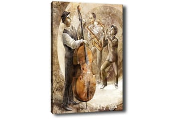 Lerretsbilde 70x100 cm - Tre musikere som spiller jazz, med en kontrabass i fokus - Brun / Beige / Hvit - Interiør - Maleri & posters - Lerretsbilder