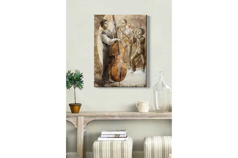 Lerretsbilde 70x100 cm - Tre musikere som spiller jazz, med en kontrabass i fokus, Brun / Beige / Hvit