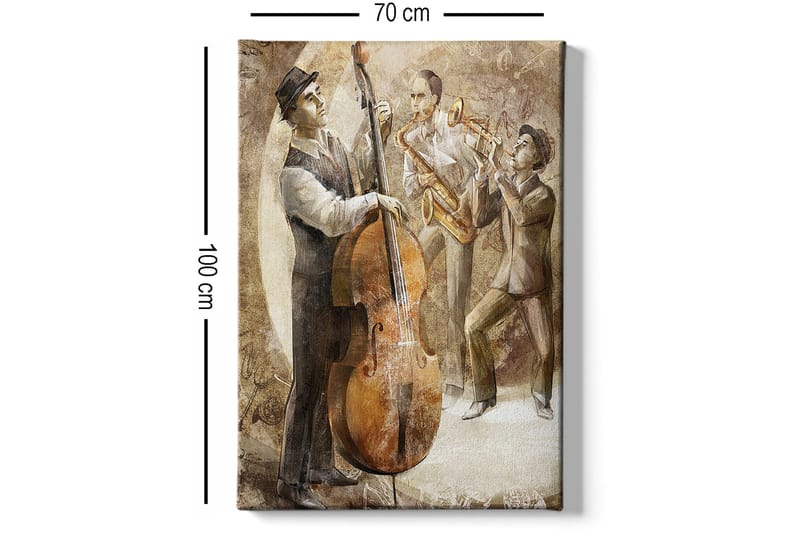 Lerretsbilde 70x100 cm - Tre musikere som spiller jazz, med en kontrabass i fokus - Brun / Beige / Hvit - Interiør - Maleri & posters - Lerretsbilder