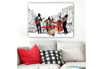 Lerretsbilde 70x100 cm - Tre musikere som spiller på gaten, med fokus på gitar, trommer og kontrabass - Rød / Svart / Beige - Interiør - Maleri & posters - Lerretsbilder