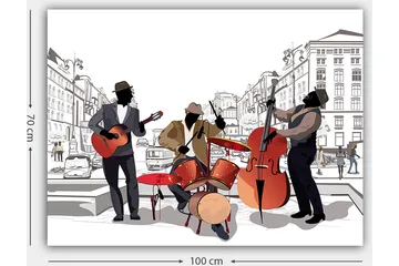 Lerretsbilde 70x100 cm - Tre musikere som spiller på gaten, med fokus på gitar, trommer og kontrabass - Rød / Svart / Beige - Interiør - Maleri & posters - Lerretsbilder