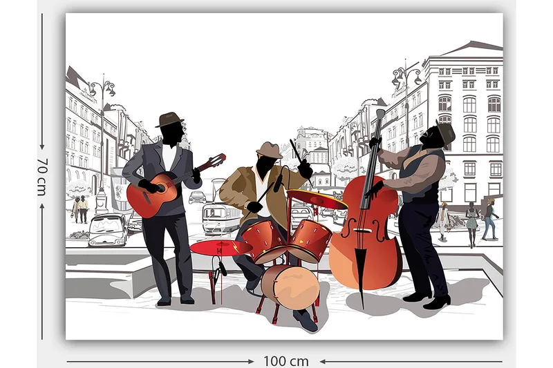 Lerretsbilde 70x100 cm - Tre musikere som spiller på gaten, med fokus på gitar, trommer og kontrabass - Rød / Svart / Beige - Interiør - Maleri & posters - Lerretsbilder