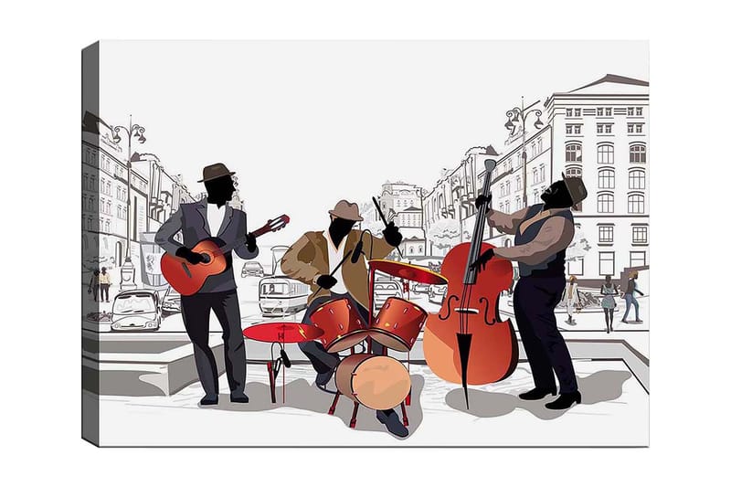 Lerretsbilde 70x100 cm - Tre musikere som spiller på gaten, med fokus på gitar, trommer og kontrabass, Rød / Svart / Beige
