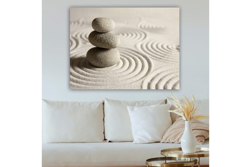 Lerretsbilde 70x100 cm - Tre stablede steiner på en sandoverflate med bølgete mønstre - Grå / Beige - Interiør - Maleri & posters - Lerretsbilder