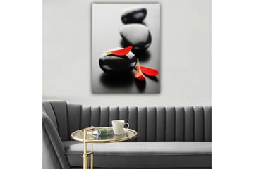 Lerretsbilde 70x100 cm - Tre svarte steiner med røde blomsterblader skaper en harmonisk og avslappende komposisjon - Svart / Rød - Interiør - Maleri & posters - Lerretsbilder