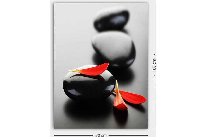 Lerretsbilde 70x100 cm - Tre svarte steiner med røde blomsterblader skaper en harmonisk og avslappende komposisjon - Svart / Rød - Interiør - Maleri & posters - Lerretsbilder