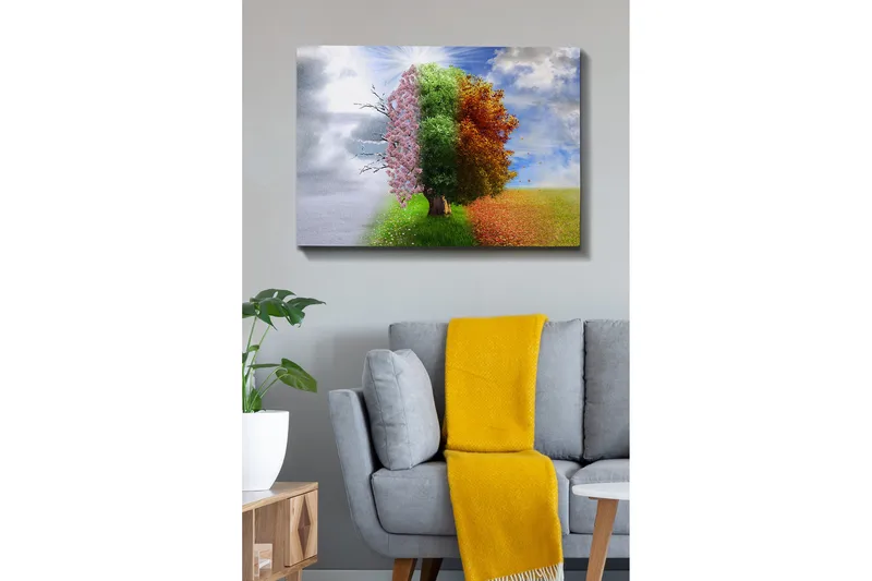 Lerretsbilde 70x100 cm - Trestruktur som representerer de fire årstidene, fra vinter til vår, overgang til sommer og høst - Rosa / Grønn / Oransje - Interiør - Maleri & posters - Lerretsbilder