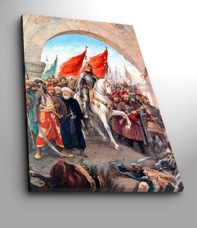 Lerretsbilde 70x100 cm - Triumferende leder på en hvit hest omgitt av en folkemengde med røde flagg, Rød / Hvit / Brun