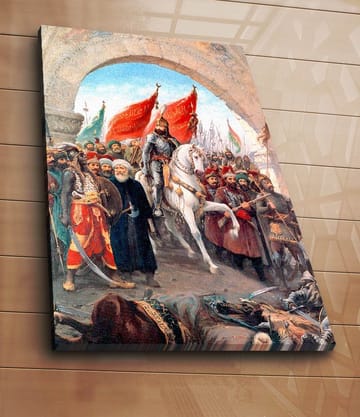 Lerretsbilde 70x100 cm - Triumferende leder på en hvit hest omgitt av en folkemengde med røde flagg - Rød / Hvit / Brun - Interiør - Maleri & posters - Lerretsbilder