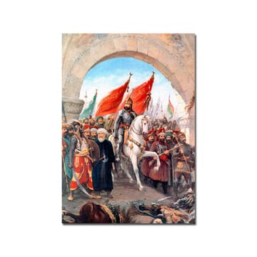 Lerretsbilde 70x100 cm - Triumferende leder på en hvit hest omgitt av en folkemengde med røde flagg - Rød / Hvit / Brun - Interiør - Maleri & posters - Lerretsbilder