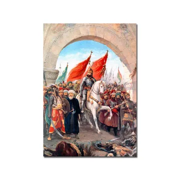 Lerretsbilde 70x100 cm - Triumferende leder på en hvit hest omgitt av en folkemengde med røde flagg - Rød / Hvit / Brun - Interiør - Maleri & posters - Lerretsbilder