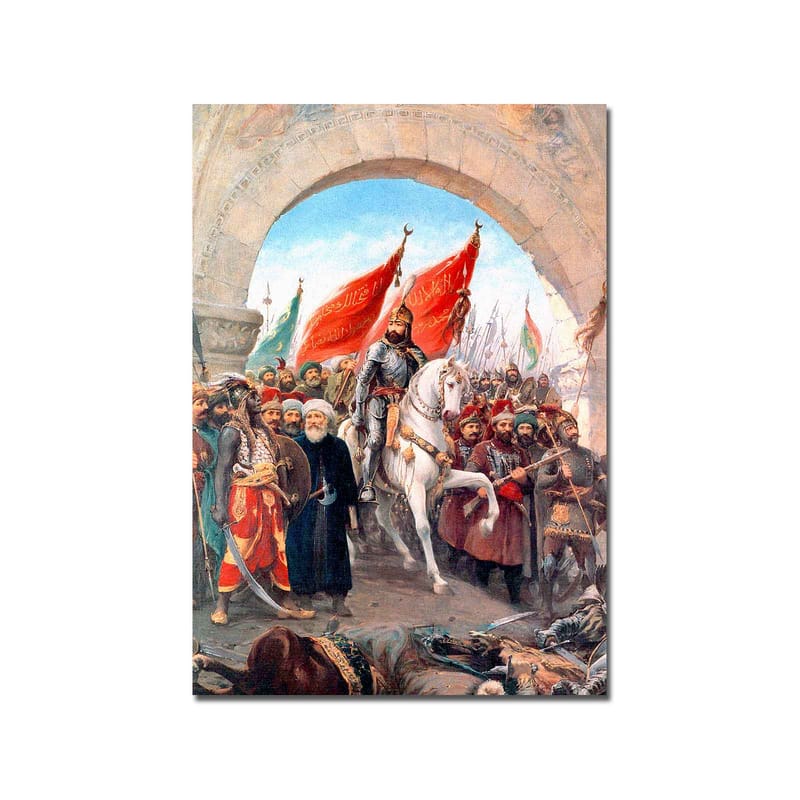 Lerretsbilde 70x100 cm - Triumferende leder på en hvit hest omgitt av en folkemengde med røde flagg - Rød / Hvit / Brun - Interiør - Maleri & posters - Lerretsbilder