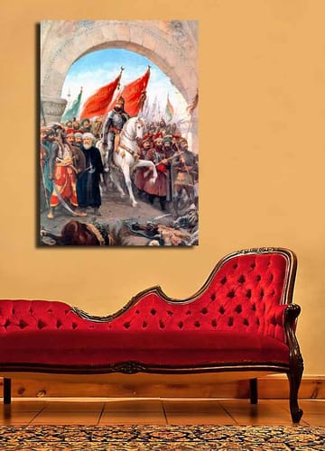 Lerretsbilde 70x100 cm - Triumferende leder på en hvit hest omgitt av en folkemengde med røde flagg - Rød / Hvit / Brun - Interiør - Maleri & posters - Lerretsbilder