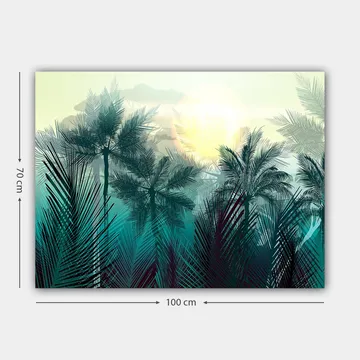 Lerretsbilde 70x100 cm - Tropisk landskap med palmer og en soloppgang i bakgrunnen - Turkis / Grønn / Gul - Interiør - Maleri & posters - Lerretsbilder