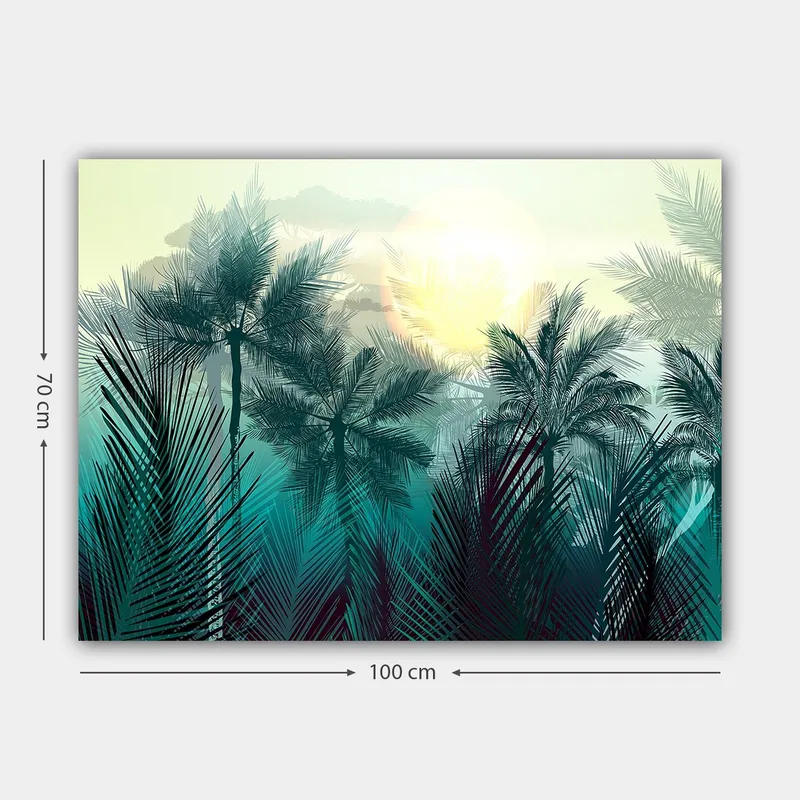Lerretsbilde 70x100 cm - Tropisk landskap med palmer og en soloppgang i bakgrunnen - Turkis / Grønn / Gul - Interiør - Maleri & posters - Lerretsbilder