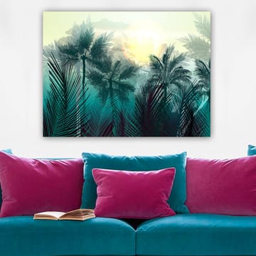 Lerretsbilde 70x100 cm - Tropisk landskap med palmer og en soloppgang i bakgrunnen - Turkis / Grønn / Gul - Interiør - Maleri & posters - Lerretsbilder