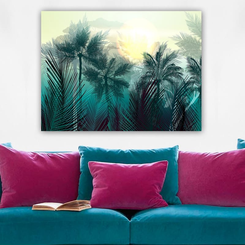 Lerretsbilde 70x100 cm - Tropisk landskap med palmer og en soloppgang i bakgrunnen - Turkis / Grønn / Gul - Interiør - Maleri & posters - Lerretsbilder