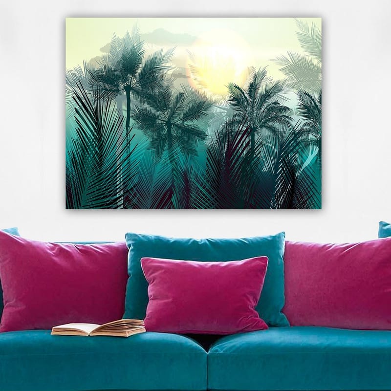 Lerretsbilde 70x100 cm - Tropisk landskap med palmer og en soloppgang i bakgrunnen - Turkis / Grønn / Gul - Interiør - Maleri & posters - Lerretsbilder