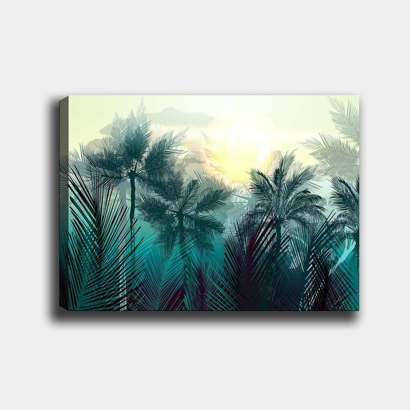 Lerretsbilde 70x100 cm - Tropisk landskap med palmer og en soloppgang i bakgrunnen, Turkis / Grønn / Gul