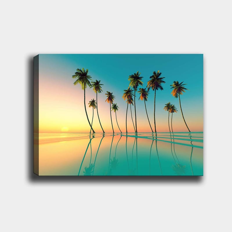Lerretsbilde 70x100 cm - Tropisk solnedgang med palmer speilet i stille vann, Turkis / Oransje / Grønn